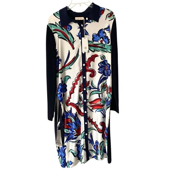 Tory Burch NWTS Silk Front Shirtdress Navy Blue Porcelain Thistle Sweater Back - Picture 2 of 10